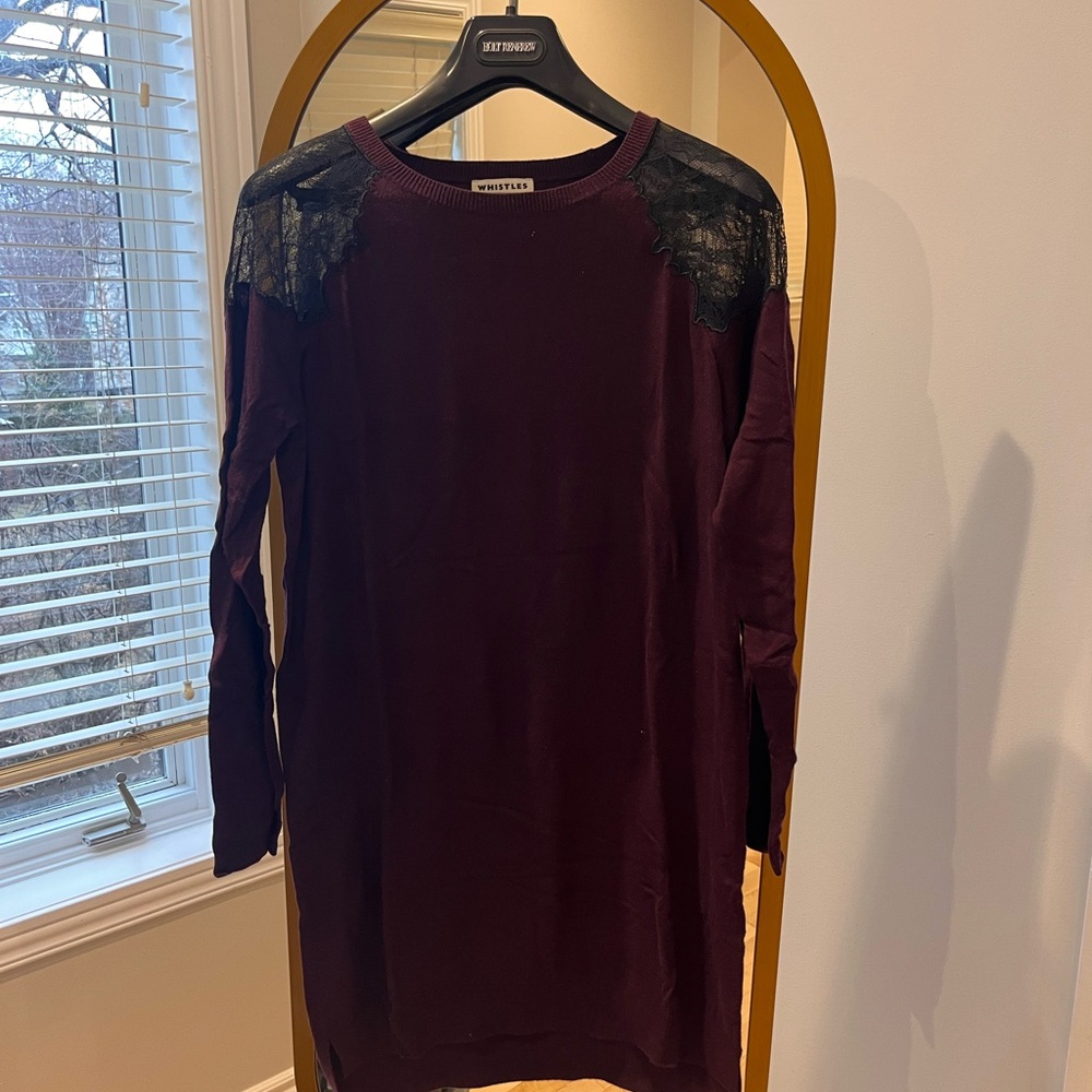 Whistles Burgundy sweater Dress with Black Lace shoulders